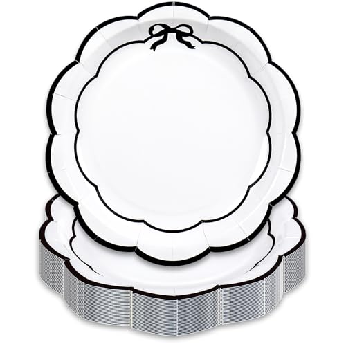 JarThenaAMCS 50 Pcs Scalloped Paper Plates Disposable Plates 7 Inch White Plate with Black Bow Trim Decorative Dinner Plate for Baby Bridal Shower Wedding Birthday Party Supplies