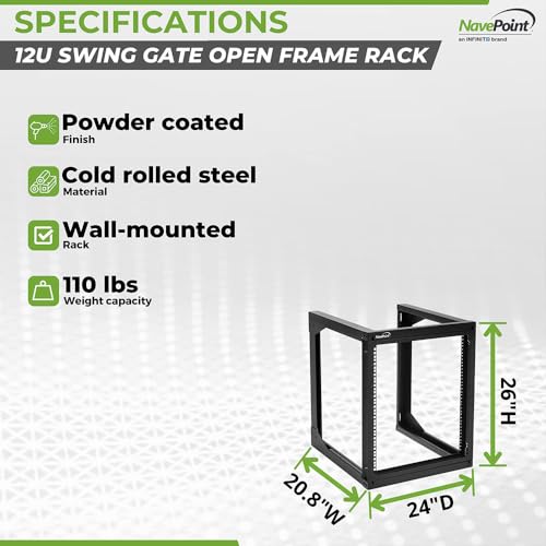 Image of NavePoint 12U Wall Mount Server Rack - Swing Gate Open Frame for 19-Inch IT Equipment - Network Rack for AV & Server Equipment, 24 inch Deep, Black