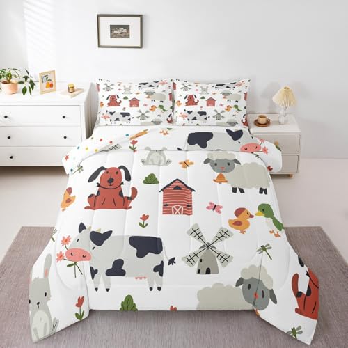 Image of Feelyou Cute Farm Animals Bedding Set Full Size, Kids Cartoon Sheeps Comforter Set Kawaii Dog Comforter Rabbit Cow Duvet Insert Bed Set 3Pcs