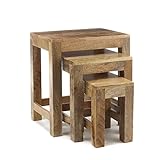 Elm home and garden Solid Mango Wood Nest Of Three 3 Tables End Side Lamp Table (Light)