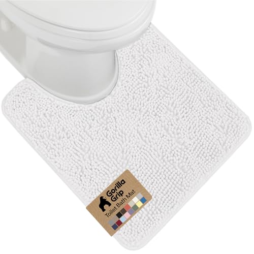 Image of GORILLA GRIP Plush Absorbent Shaggy Chenille Bath Rug Mat for Oval Toilet Base with Rubber Backing, Machine Washable Rugs, Soft Microfiber Contour Mats for Toilets, Bathroom Decor, White