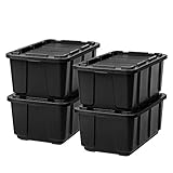 IRIS USA 4-Pack 27 Gallon Storage Bins with Lids |Made in USA| Heavy Duty Plastic Tote Containers for Truckbed Tool Box Organization, Large - Black