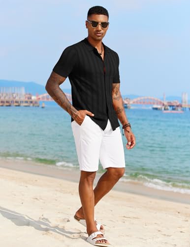 COOFANDY Men's Knit Polo Shirt Vintage Button Down Shirt Short Sleeve Hawaiian Shirt 2025 Summer Fashion Beach Shirts4