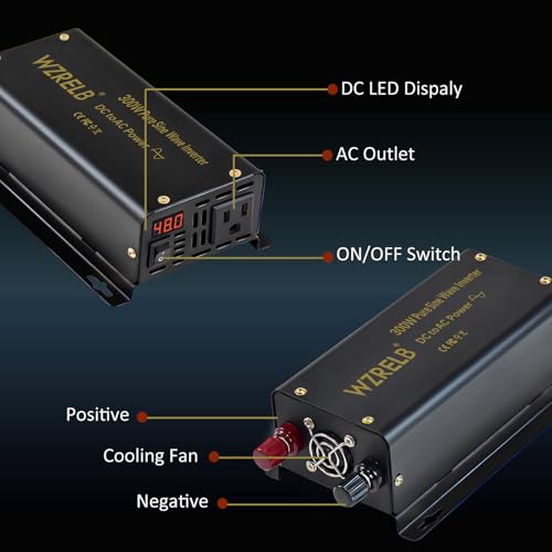 Image of WZRELB 300W Pure Sine Wave Inverter 600W Peak DC 12V to 110V AC Power Converter Off Grid LED Display with Remote Controller