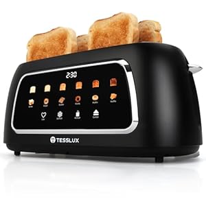Tesslux 4 Slice Toaster with Touch Screen Control, 1.5" Wide Long Slots, 6 Browning Levels & 6 Bread Types, Digital Timer, Memory, Defrost, Reheat (Black)