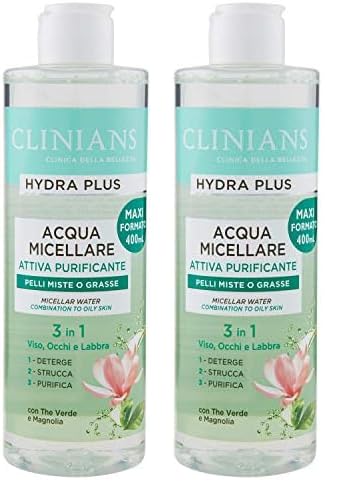 CLINIANS | Agua Micelar Desmaquillante Purificante Hydra Plus Active, Dermatológicamente Testado, Limpia Suavemente, Made in Italy, 400 ml (Paquete de 2)