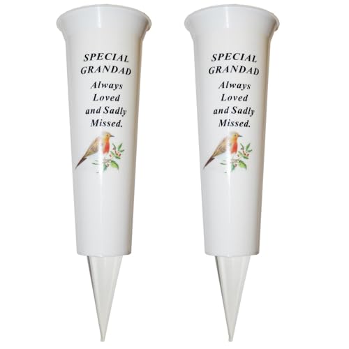 Lot de 2 pots de fleurs funéraires pour tombe – 33 cm de haut – Vase de fleurs commémoratif blanc robuste avec pic et image rouge-gorge (Special Grandad)