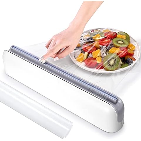 Plastic Wrap Dispenser with Cutter Aluminum Foil Dispenser Refillable Wrap Dispenser Plastic Food Wrap Dispenser Cling Film Dispenser with Cutter and with a roll of Refill Plastic Wrap. Cover