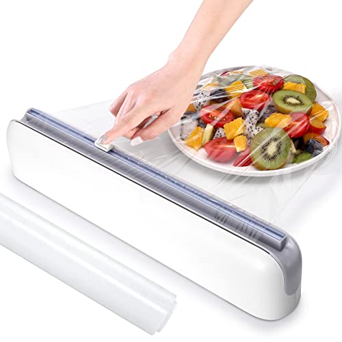 Plastic Wrap Dispenser with Cutter Aluminum Foil Dispenser Refillable Wrap Dispenser Plastic Food Wrap Dispenser Cling Film Dispenser with Cutter and with a roll of BPA Free Cling Film.