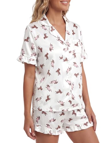 Image of Umenlele Women's 2 Piece Satin Pajama Set Cute Ruffle Short Sleeve Button Down Shirt with Shorts Summer Pjs