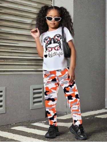 Image of 2PC Kids Outfit Toddler Girls Clothes Figure & Letter Print Short Sleeve Top + Camo Print Pants Set(7-8T)