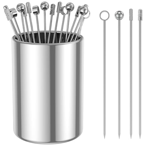 gebofuzhuang - Juego de 20 palillos de cóctel con soporte de acero inoxidable de 4,3 pulgadas para cócteles, reutilizables, para aperitivos multiusos, para sándwiches, cócteles, aperitivos, frutas