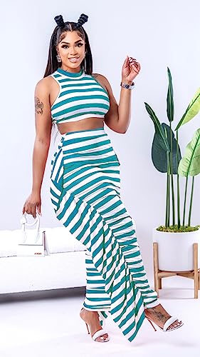 Image of YUEWOO 2 Piece Outfits for Women Sexy Crop Top Ruched Bodycon Maxi Dresses Fringe Skirt Sets Night Club Jumpsuits