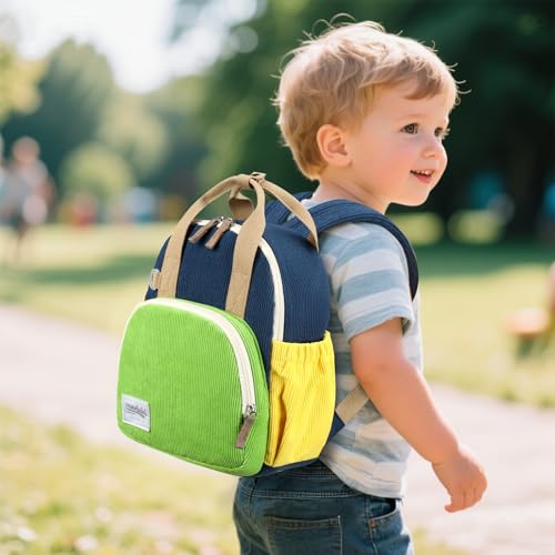 Image of Bluboon Toddler Backpack for Girls Boys 2-4 Cute 12 inch Preschool Kindergarten Backpacks Kids Daycare Bags School Travel (Green-yellow Corduroy, Age 2-4 (12 inch H not Fit A4 Folder))