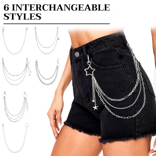 GothicBride Hosenkette Set 6 Stück Gürtelkette Gothic Punk Schlüsselkette Hose Kette Doppelschicht Waistband Hip Hop Jeanskette Accessoires für Damen Männer (Einfach)