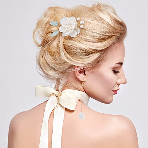 Pagow Short Flower Barrettes Hair Clips, Kawaii Kimono Pearl Floral Hair Accessories, White Vintage Tassel Hairpins Ornament For Women Girls (3 Pair) #TOP1