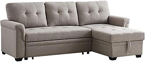 Lilola Home Linen Reversible Sleeper Sectional Sofa with Storage Chaise, Light Gray