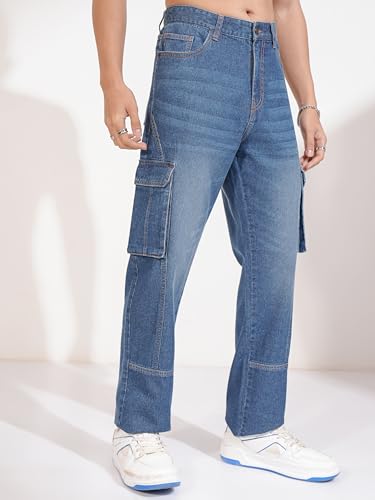 Image of Highlander Men's Relaxed-Fit Cargo Pocket Jeans | Clean Look | Cotton Comfort | Utility Style| Cargo Jeans for Man