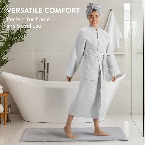 Cotton Waffle Robe - Waffle Robes for Women or Men - Waffle Knit Lightweight Spa Robes Unisex - White3
