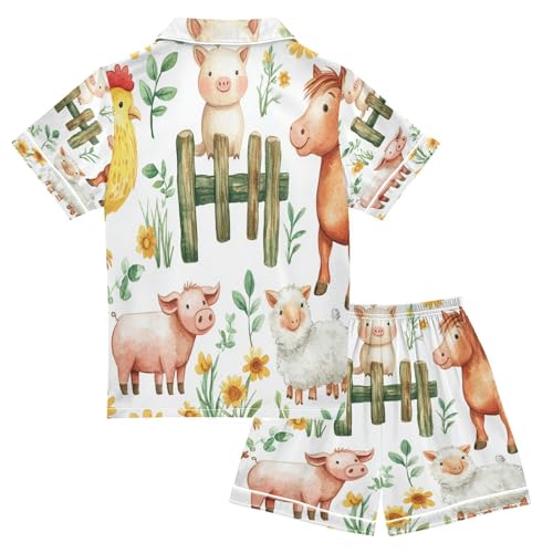 Satin Pajama Sets Short Sleeve Farm Animals on Fence Button Down Silky Nightwear 2 Piece PJS 5-14Y2