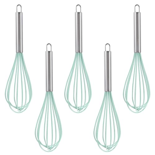 Ousyaah 5-Piece Silicone Whisk Stainless Steel Handle, 10-Inch Kitchen Egg Beater Milk Frothers for Cooking, Classic Mixer Balloon Wire Whisk for Blending, Whisking, Beating and Stirring (Light Green)
