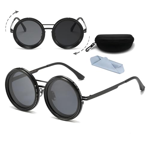 Adjustable Polarized Round Sunglasses for Men,1-9 Stepless Tint Gearsglasses,ND9 Lens UV Protection,Travel & Beach Shades