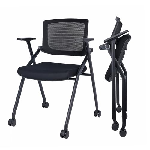 Image of Upgraded Folding Chair with Wheels and Padded, Ergonomic Mesh Back and Arms for Office, Meetings, Conferences, Receptions, Training Rooms & Folding Office Chairs