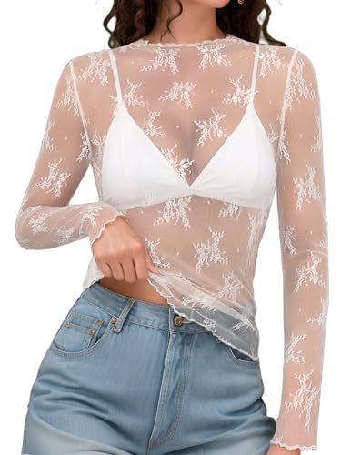 Lace Tops for Women Long Sleeve Mock Neck Mesh Top Sexy Sheer Shirts See Through Floral Blouses