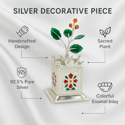 Image of 925 Sterling Silver Tulsi Basil Plant with Pot | Handcrafted Pooja Article for Home Temple | Auspicious Spiritual Decor | Prosperity Symbol | Gift for Diwali, Festivals, Housewarming