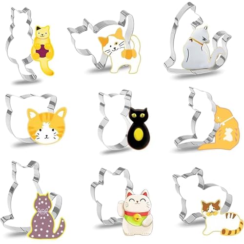 KASESSS 9 Piezas Gato Cortadores De Galletas, Acero Inoxidable Gato Moldes Galletas, Creatividad Animal Forma Irregular Moldes Reposteria Cookie Cutter Para NiñOs Regalos, Hornear, Tartas De Fondant
