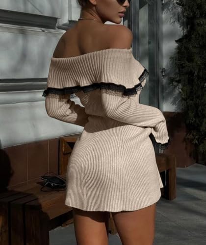 Image of chouyatou Women's Off The Shoulder Bell Long Sleeve Sweater Mini Dress Lace Trim Bodycon Ribbed Knit Sweater Dress