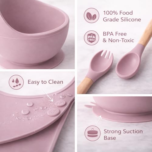 Image of 6 Pcs Silicone Baby Feeding Set | BPA-Free Baby Dinner Set with Suction Plate, Bowl, Bib, Cup, Spoon & Fork | Microwave & Dishwasher Safe | 6+ Months (Pink)