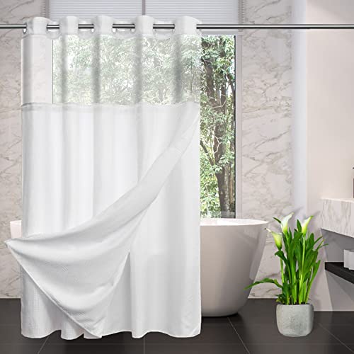 CYPL No Hooks Needed Waffle Weave Shower Curtain with Snap in Fabric Liner Set, Hotel Style with See Through Mesh Top Window Shower Curtains,Double Layer,Waterproof & Washable, SPA,71Wx74H,White CYPL No Hooks Needed Waffle Weave Shower Curtain with Snap in Fabric Liner Set, Hotel Style with See Through Mesh Top Window Shower Curtains,Double Layer,Waterproof & Washable, SPA,71Wx74H,White