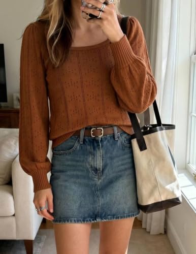 Image of HOTOUCH Sweaters for Women 2026 Fall Trendy Tops Casual Puff Sleeve Square Neck Cute Tunic Pullover Blouses XS-XXL