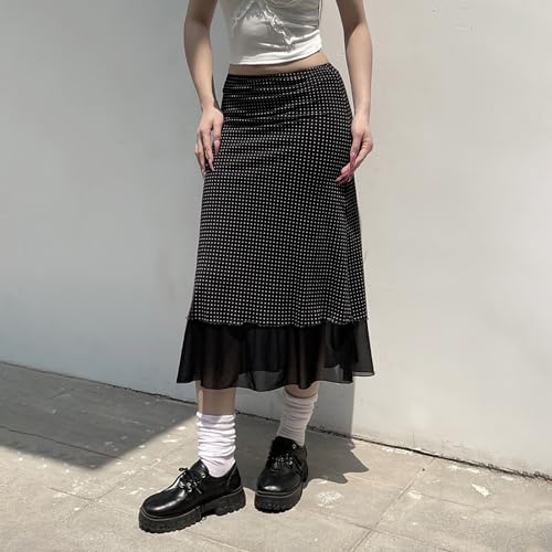 Women's Polka Dot Midi Skirt Vintage Elegant Mesh Stretch Low Waist Double Layered Pencil Long Skirts3