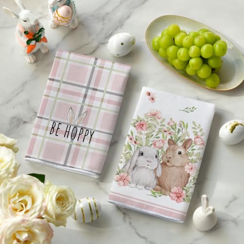 Artoid Mode DISHTOWEL-EASTER-4075-4PC-018PK Pink Bunny Rabbit Ears Floral Leaves Easter Kitchen Towels Dish Towels thumb #2