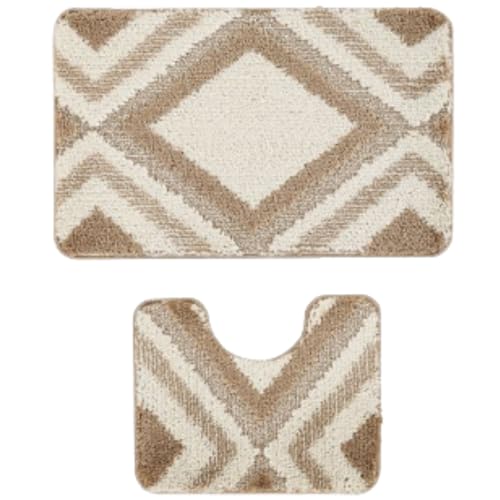 Paradise Products Bath Mat Set - Bath Mats 2 Piece Set- Soft Plush Anti-Slip Rugs - Bathroom Carpet Essentials - Bathroom Mat Quick Dry - Washable Mats - (Beige, 80 x 50 cm + U Shaped 48 x 48 cm)