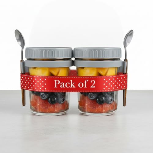 Image of COOLBIT Pack of 2 (350ml) Overnight Oats Containers Jar with Lids & Spoons, Glass Yogurt Parfait Cups, Meal Prep Snack Jars, Leakproof Food Storage for Breakfast, Dessert & Lunch.