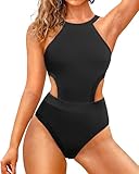 Holipick Women's Black One Piece Swimsuit Cutout High Neck Bathing Suits Tummy Control Swimwear for Teen Girls S