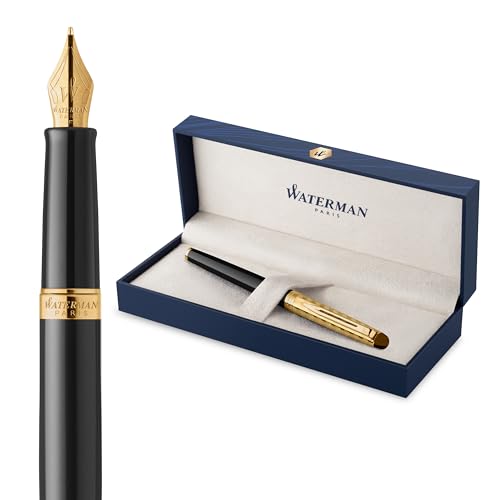 Waterman Hémisphère Stylo plume | La collection Opera | Noir et or | plume moyenne et cartouche d’encre bleue | Coffret cadeau géométrique