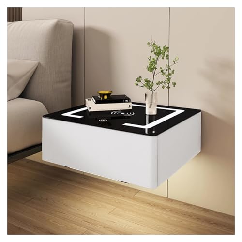Moderna mesita de noche flotante LED montada en la pared con estación de carga y parte superior de cristal, 1 cajón, mesita de noche para dormitorio