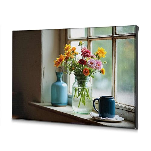 Toile de salle de bain fleurs et bocal tableau rustique souvenir de campagne 40x60