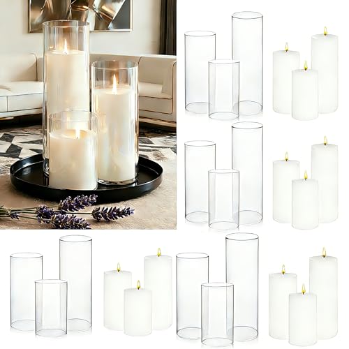ZJGXH 24 Pcs White Pillar Candles and Glass Cylinder Vases Clear Glass Pillar Candle Holders Hurricane Glass Candle Holders for Table Centerpieces Wedding, Party, Event, Home Office
