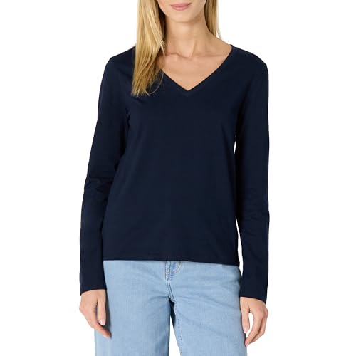 Amazon Essentials Damen T-Shirt aus 100% Baumwolle, Normale Passform, langärmelig, V-Ausschnitt, Marineblau, Größe M