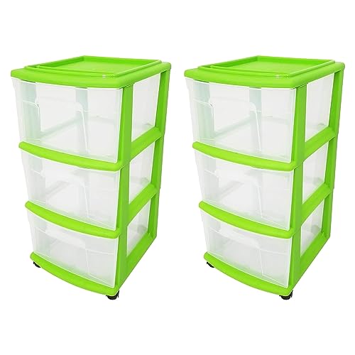 HOMZ 2-Pack Drawer Tower, 3-Tier Clear Plastic Storage Organizer Cart, Bold Lime Frame - Organizing Containers with Wheels for Home, Bathroom, Bedroom, Office, and Classroom