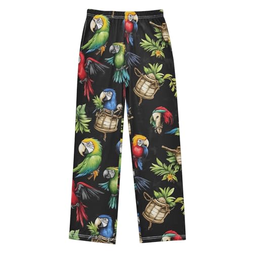 Colorful Parrots Leaf Boys Long Pants Soft Trousers Elastic Waist Kids Lounge Bottoms with Pockets S-XL