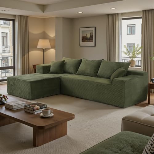 Image of Boneless Couch, 102.4 inch Sectional Couches for Living Room with L Shape Sofa | Cloud Couch Sectional with Chaise, Modular Cloud Sofa with Deep Seat, No Assembly, Green, Corduroy, Left Chaise