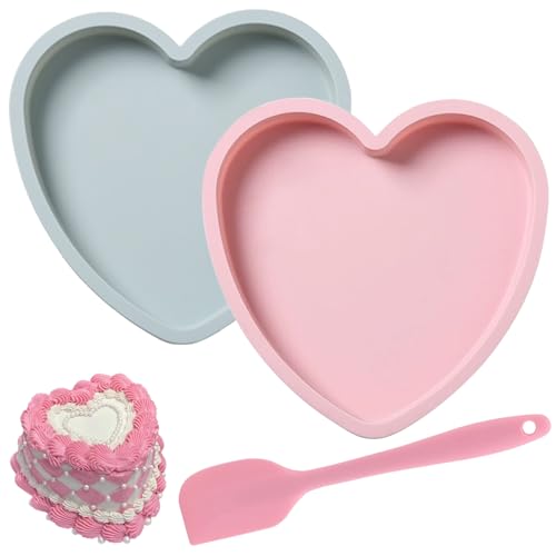 CERICAI 2 Pack 8-Inch Cake Fruit Heart-Shaped Molds, Non-Stick Silicone Baking Pans, Reusable Fixed-Base Cake Mold with Scraper, BPA Free Heart Baking Tray for Cakes, Pudding, Cheesecake, Pink, Blue