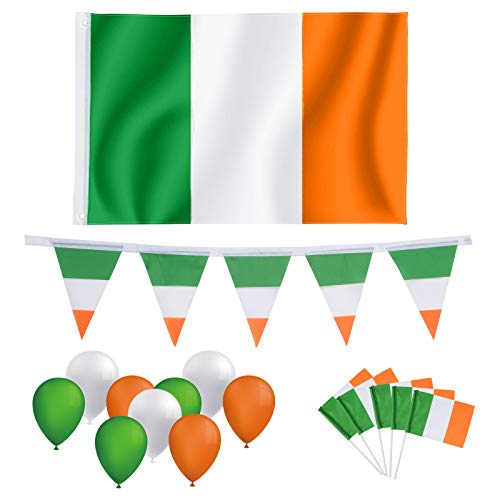 Whaline - Juego de 12 banderas de Irlanda de 3 x 5 pies, banderines irlandeses de 18 pies y 10 banderas de mano pequeñas para el día nacional de Irlanda, bares, fiestas y eventos deportivos escolares Cover