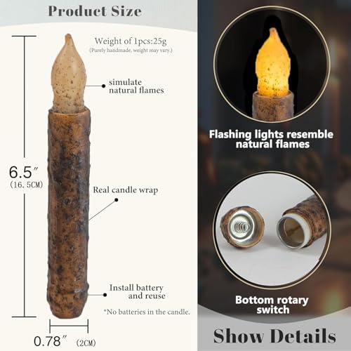 Image of 6PCS Primitive Taper Candle with Timer Remote Control,Real Wax Hand Dipped Rustic Flameless Candles Battery Operated for Halloween Christmas Country Home Decor Church